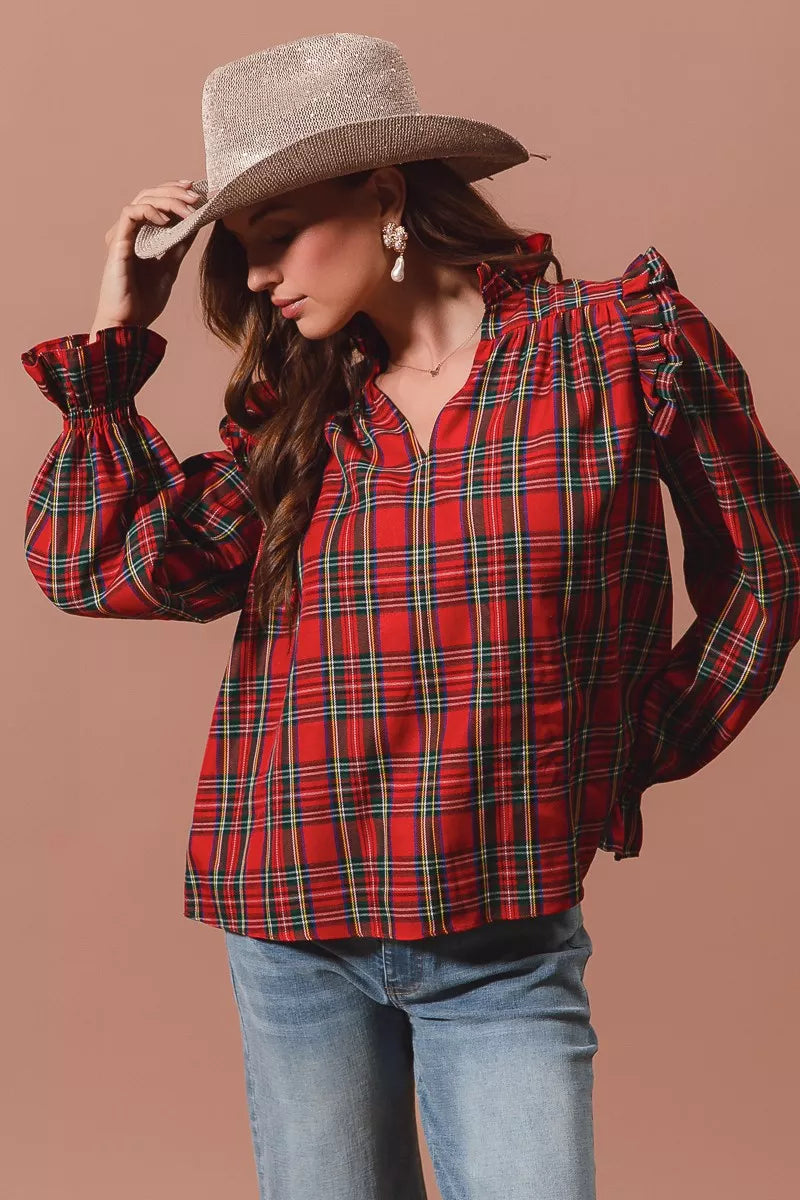 SO ME Christmas Checkered Plaid Smocked Blouse OutfitFlow