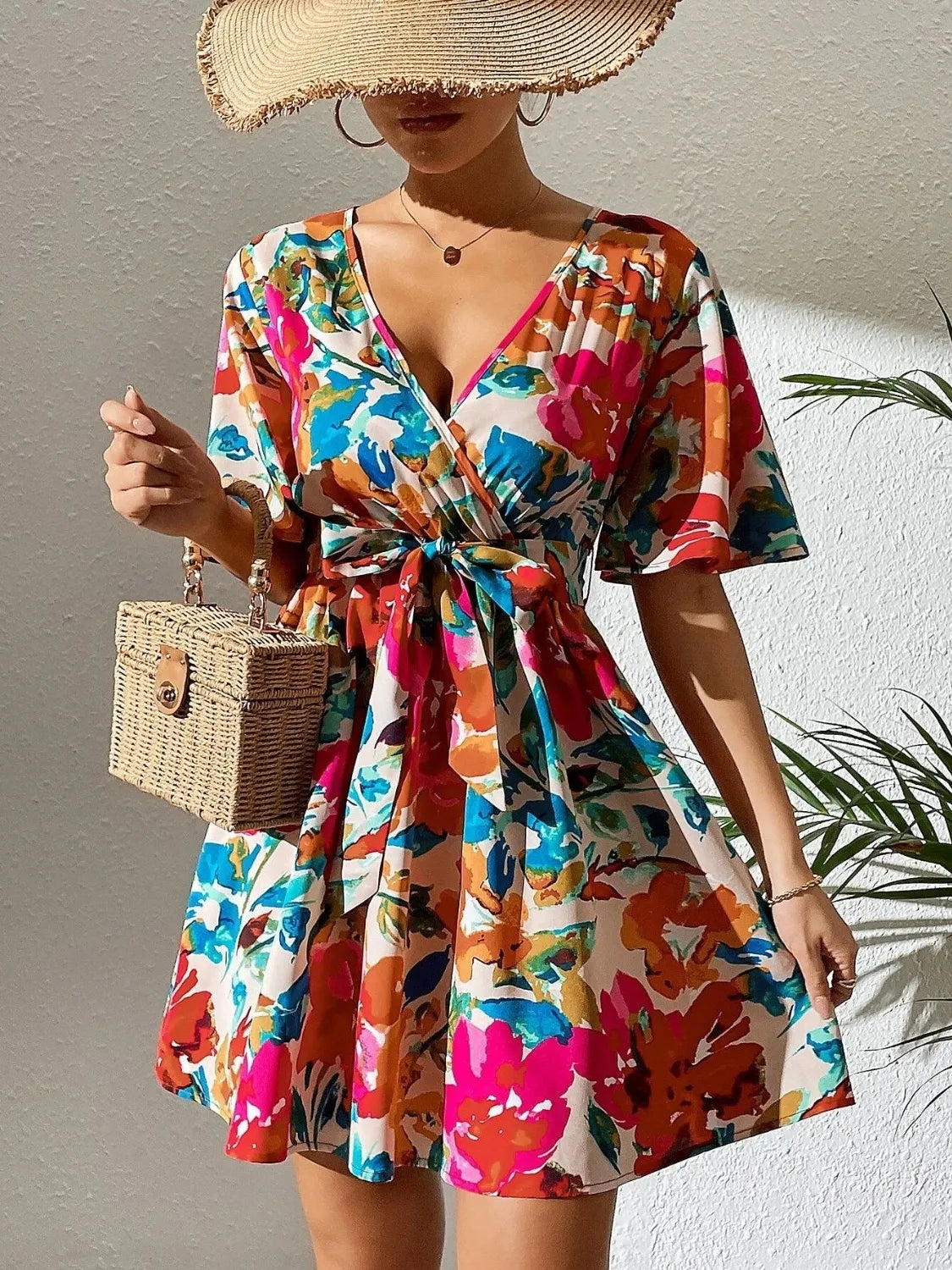 Printed Surplice Short Sleeve Mini Dress OutfitFlow