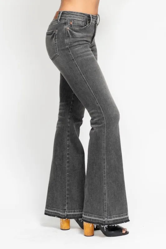 Judy Blue Full Size Mid Rise Tummy Control Washed Gray Release Hem Flare Jeans Plus Size OutfitFlow