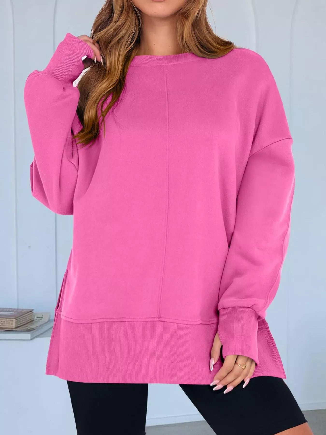Side Slit Round Neck Long Sleeve Sweatshirt OutfitFlow
