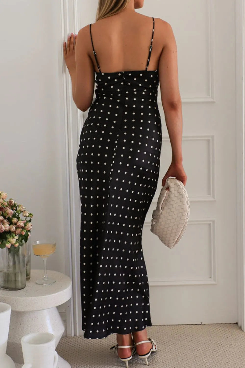 Polka Dot Square Neck Midi Cami Dress OutfitFlow