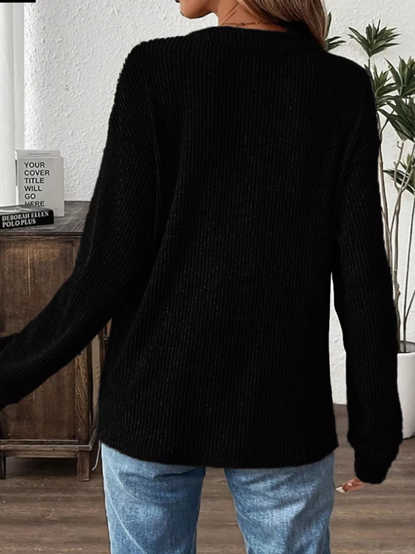 Ribbed Button Detail Long Sleeve T-Shirt OutfitFlow