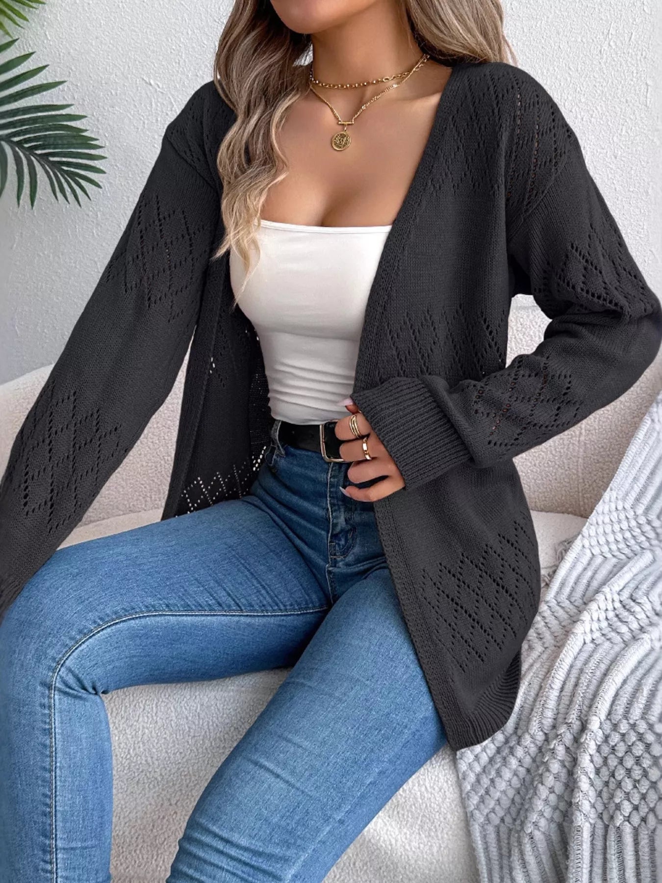 Openwork Open Front Long Sleeve Cardigan Black OutfitFlow