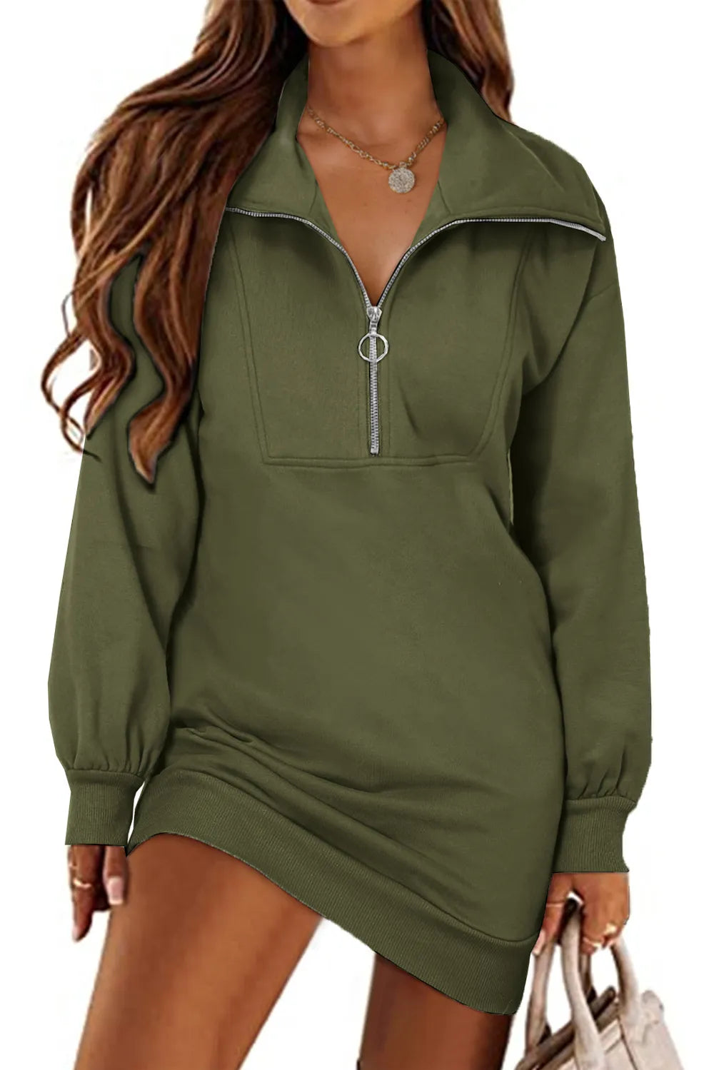 Half Zip Dropped Shoulder Mini Sweatshirt Dress Army Green OutfitFlow