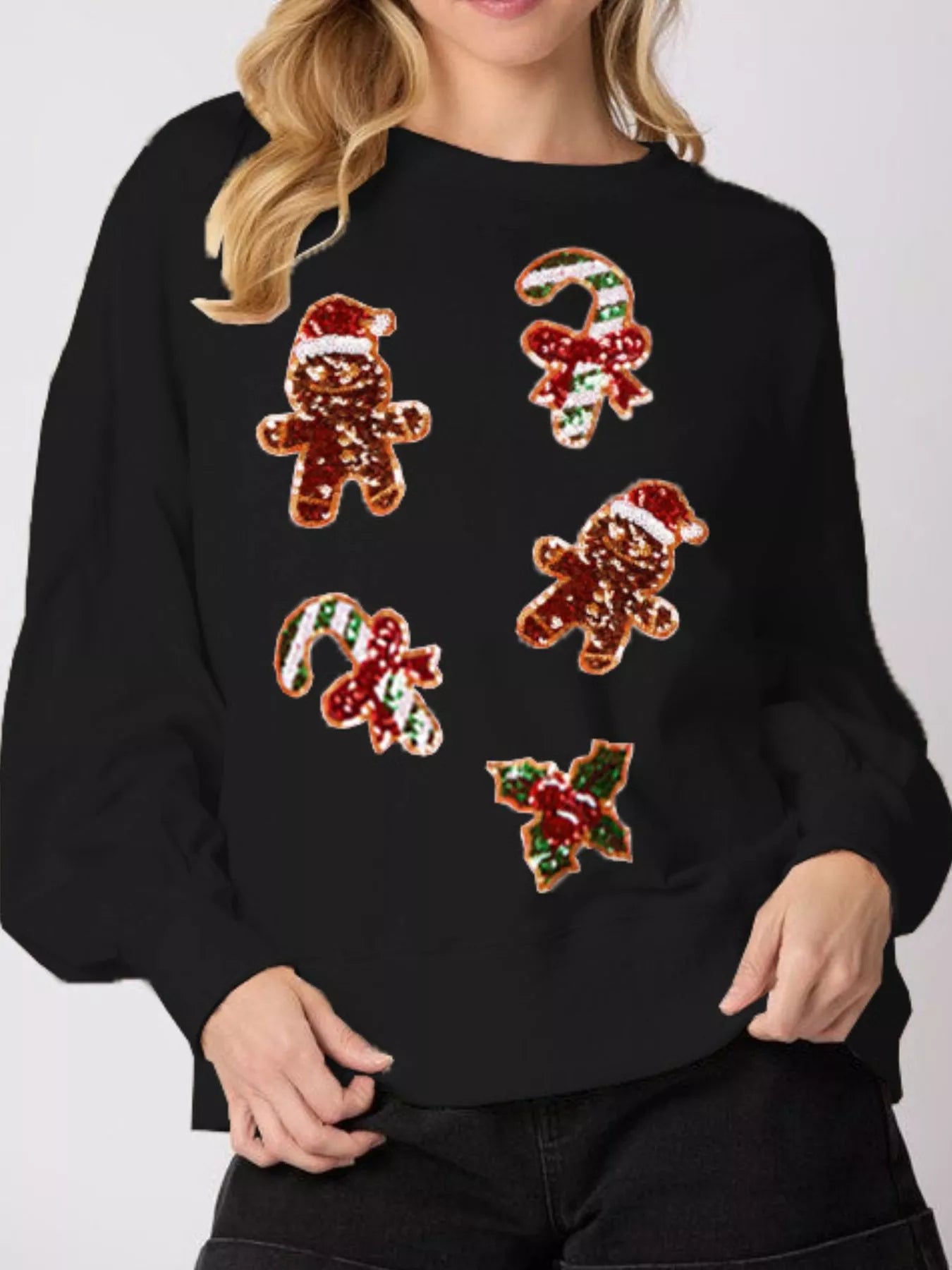 Christmas Holiday Sequined Gingerbread Sweatshirt Black OutfitFlow