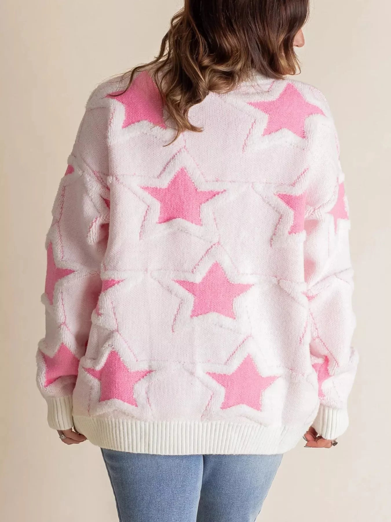 Oversized Star Pattern Ribbed Edge Drop Shoulder Sweater OutfitFlow