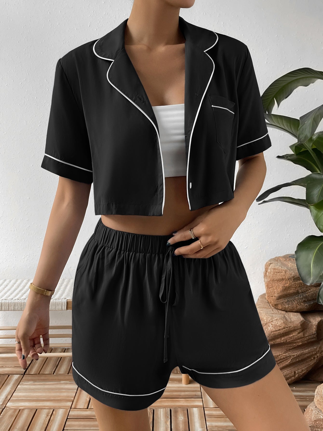 Outfit Flow - Ivy Lane Contrast Lapel Collar Cropped Shirt and Shorts Lounge Set