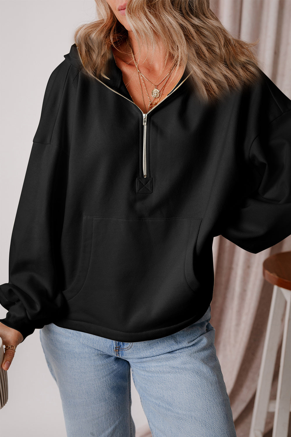 Pocketed Half Zip Dropped Shoulder Hoodie OutfitFlow