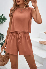 Outfit Flow - Round Neck Top and Drawstring Shorts Set