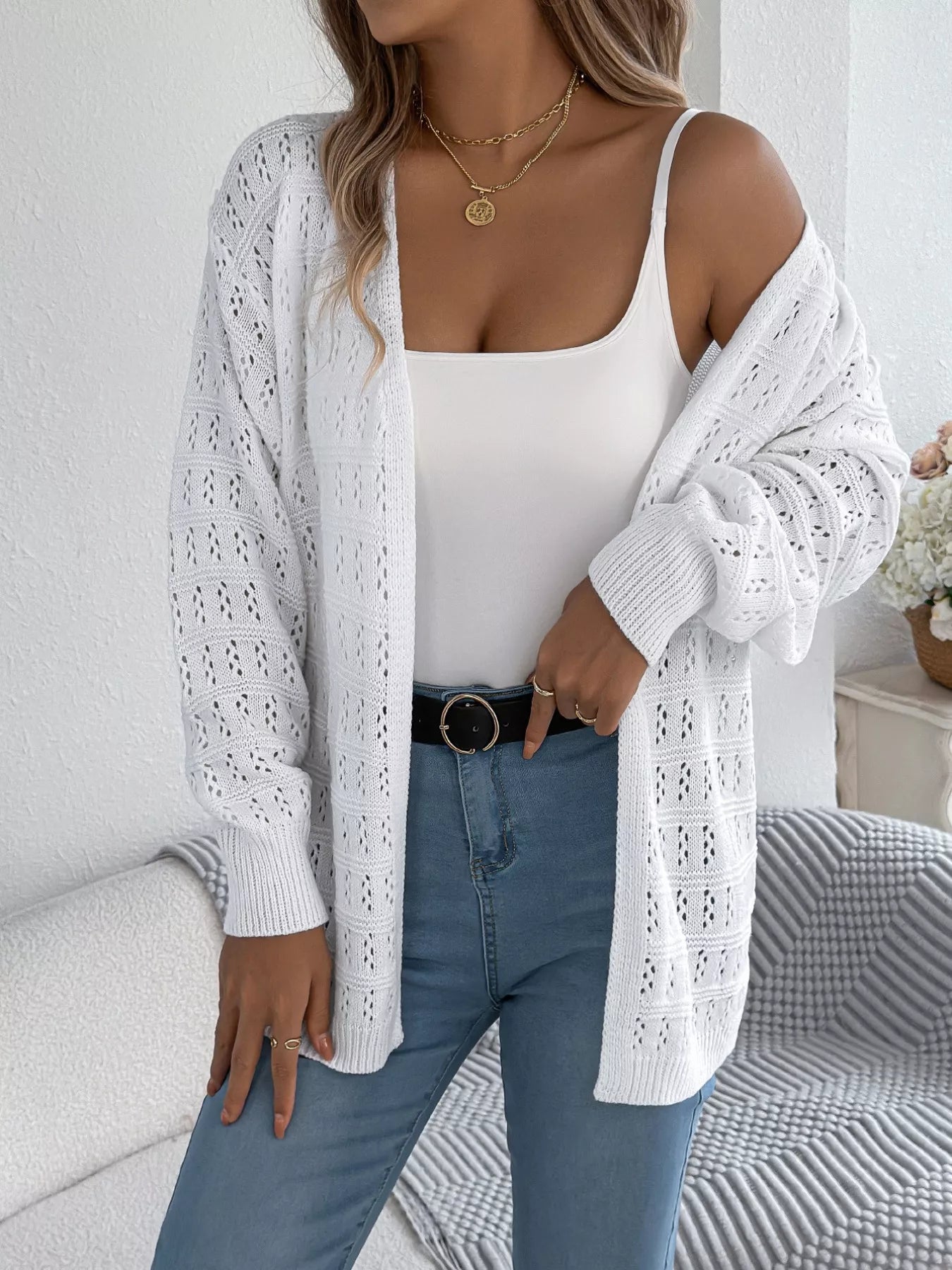 Open-Front Crochet Knit Cardigan OutfitFlow