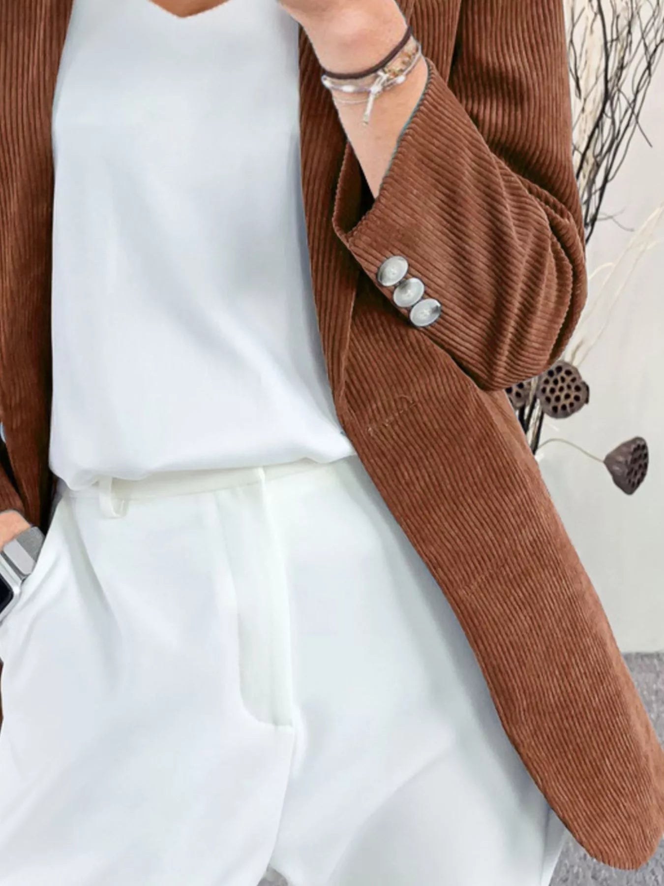 Full Size Corduroy Lapel Collar Casual Blazer Plus Size Trendsi