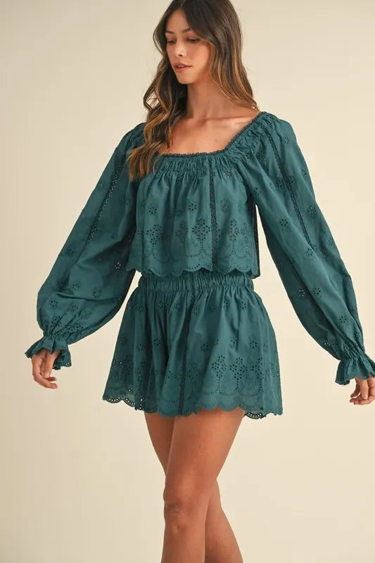 MABLE Embroidered Scalloped Lace Top and Short Set OutfitFlow