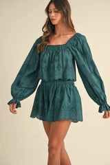 MABLE Embroidered Scalloped Lace Top and Short Set OutfitFlow