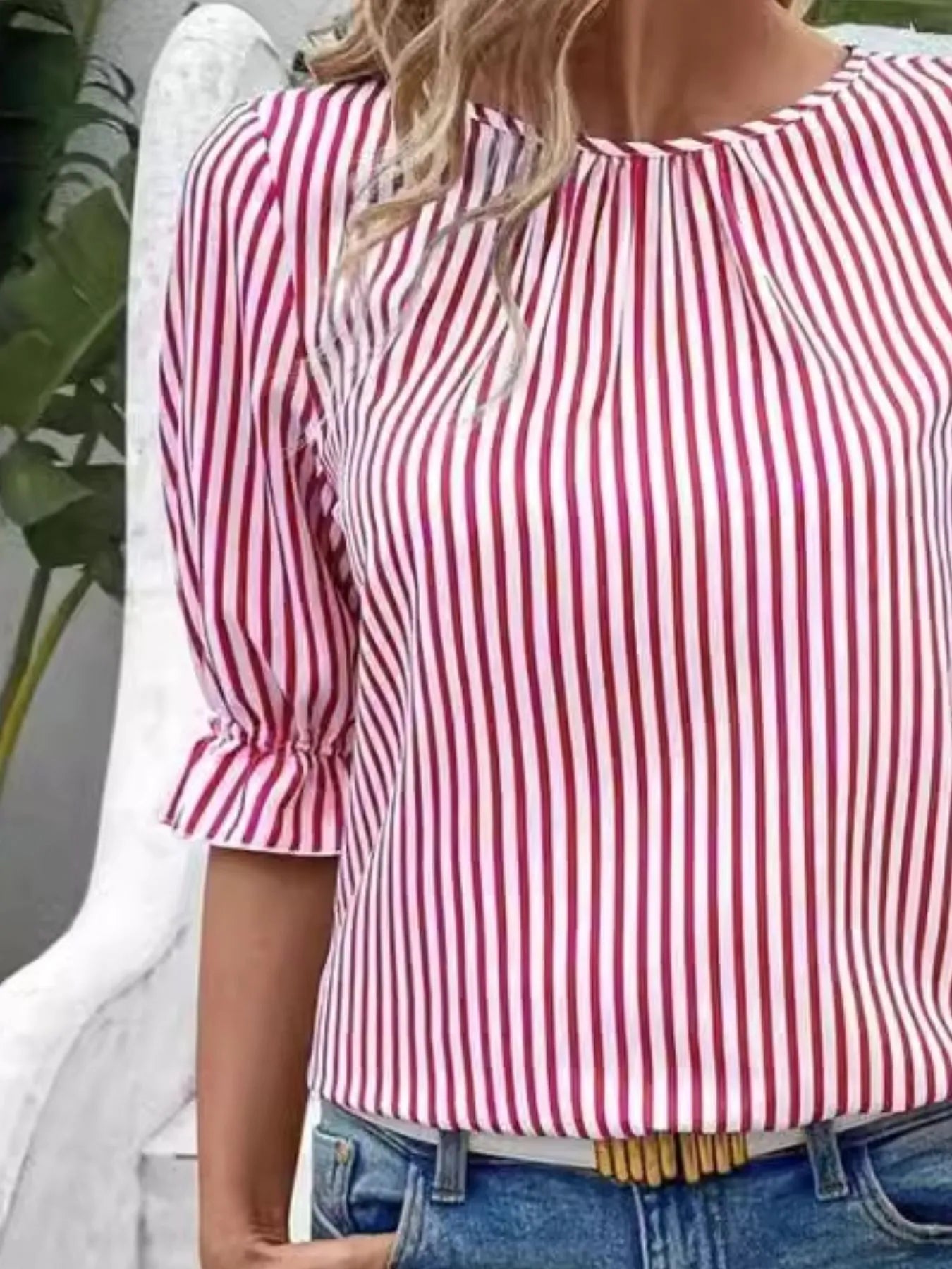 Striped Round Neck Half Sleeve Casual Blouse OutfitFlow