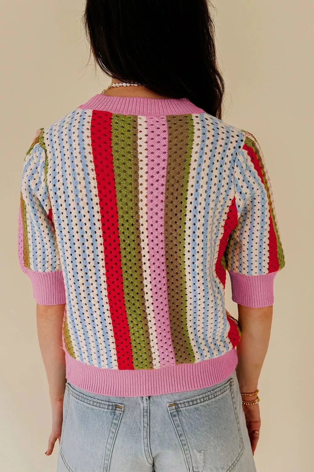 Color Block Short Sleeve Striped Crochet Knit Top OutfitFlow