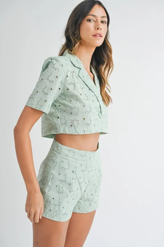 MABLE Eyelet Short Sleeve Crop Top and Shorts Set OutfitFlow