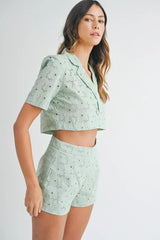 MABLE Eyelet Short Sleeve Crop Top and Shorts Set OutfitFlow