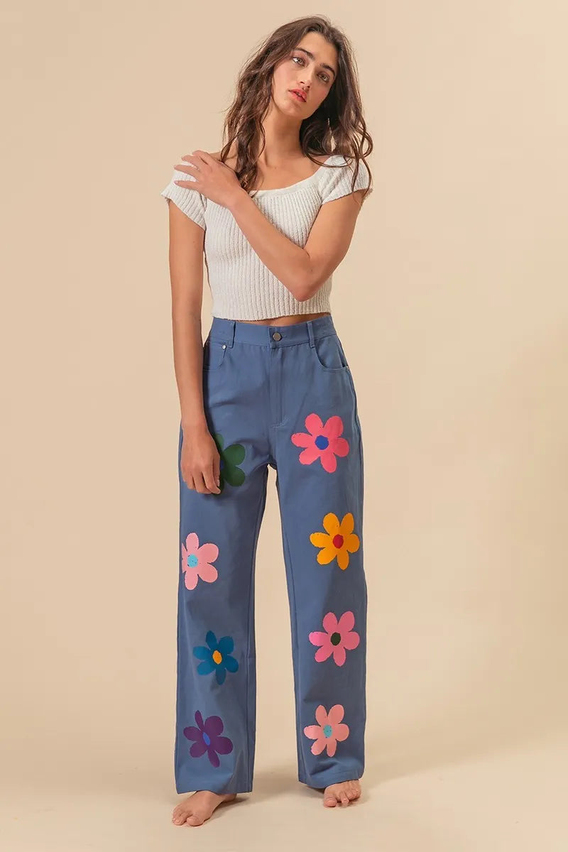 BiBi Flower Print Straight Legs Pants OutfitFlow
