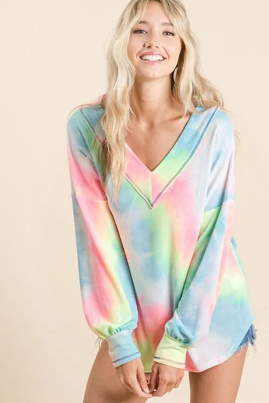BiBi Tie Dye French Terry V-Neck Top with Puff Sleeves OutfitFlow