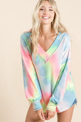 BiBi Tie Dye French Terry V-Neck Top with Puff Sleeves OutfitFlow
