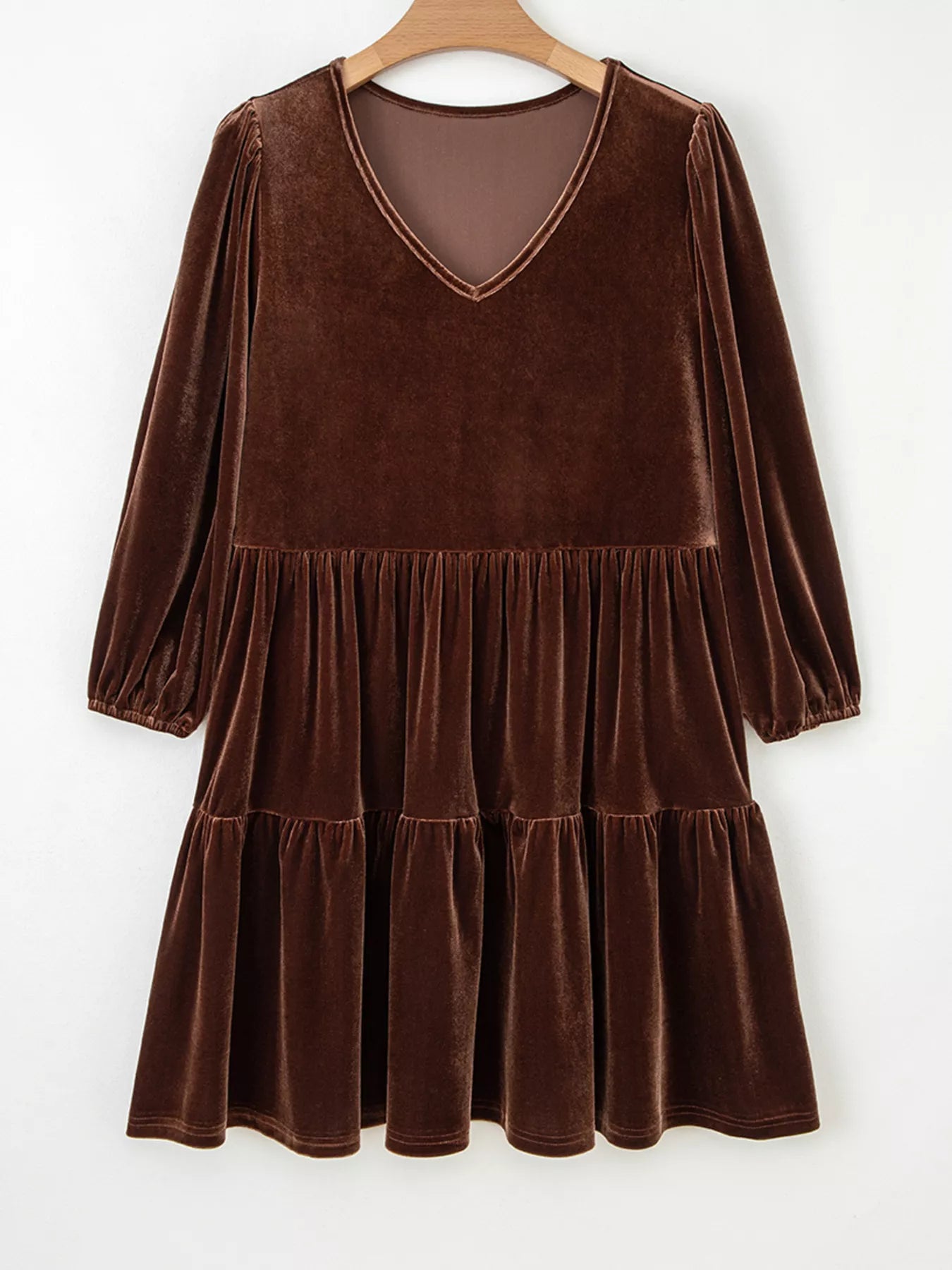 Solid Color Velvet V Neck Long Sleeve Tiered Mini Dress Trendsi