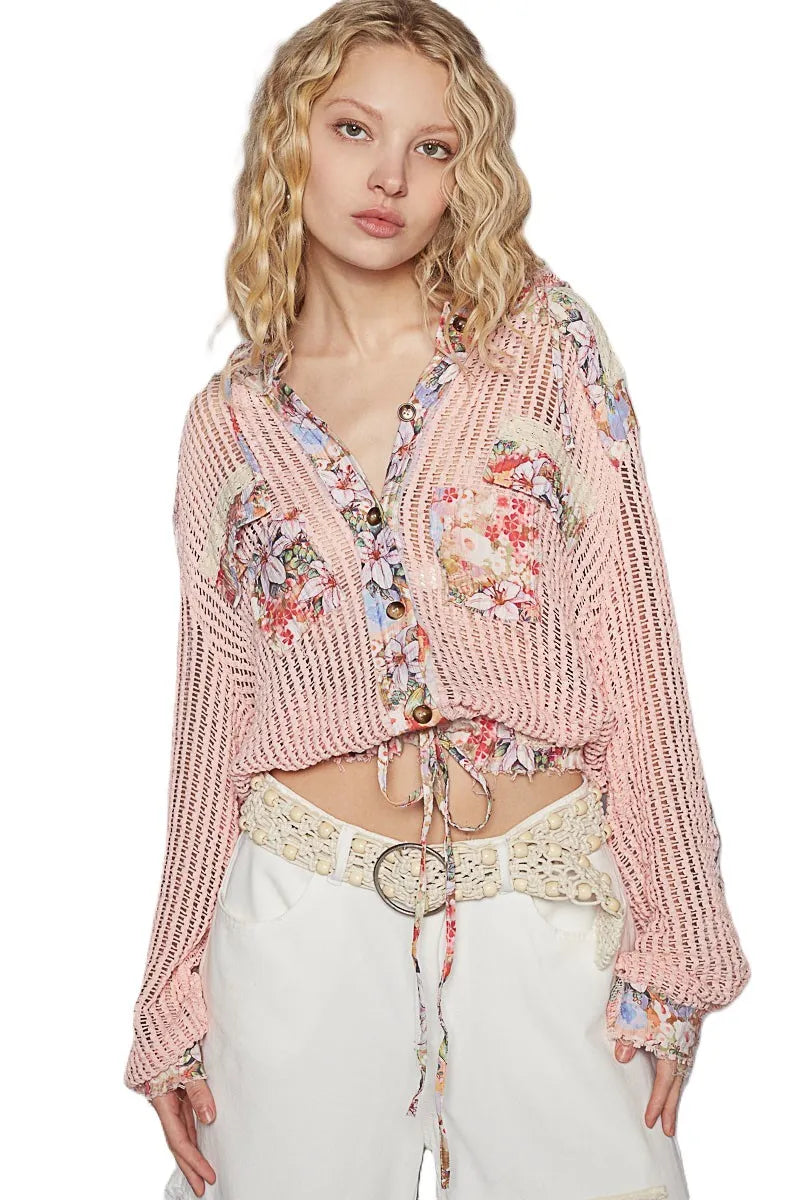 POL Vintage Washed Crochet Hoodie Jacket With Patchwork PEACH MULTI OutfitFlow