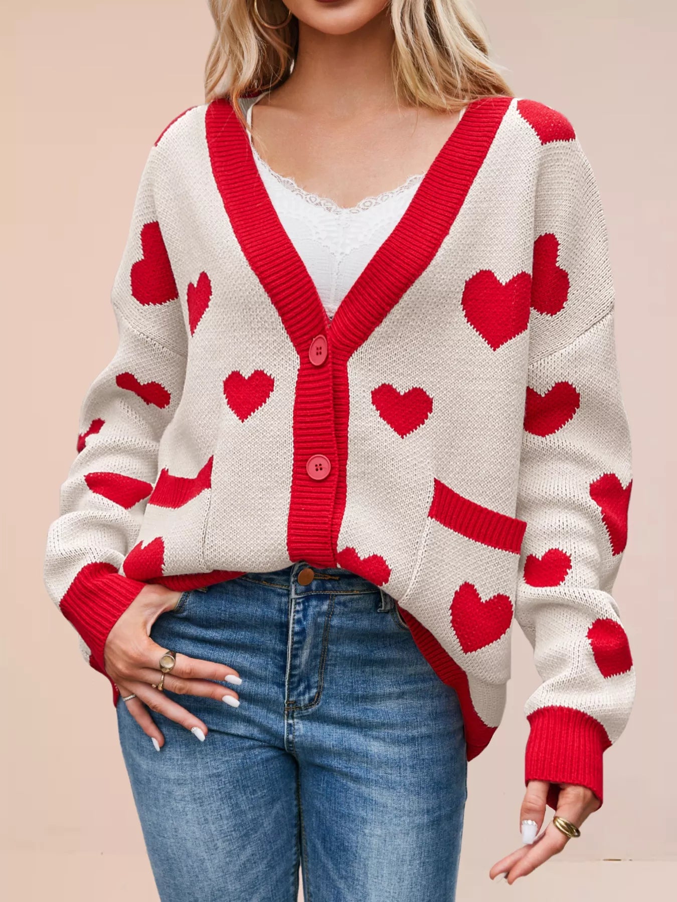 Heart Pattern Button-Up Knit Cardigan OutfitFlow