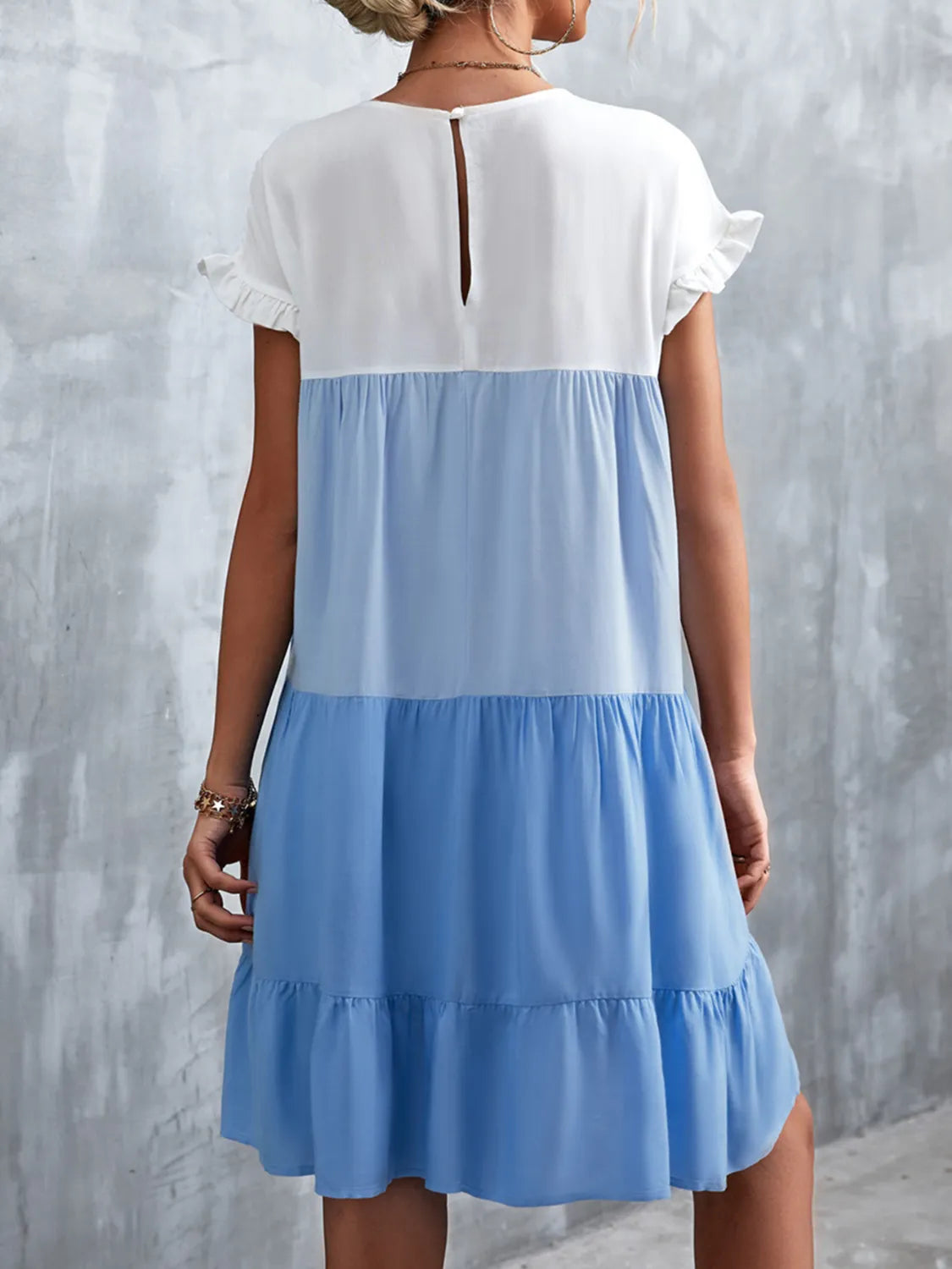 Color Block Round Neck Short Sleeve Dress OutfitFlow