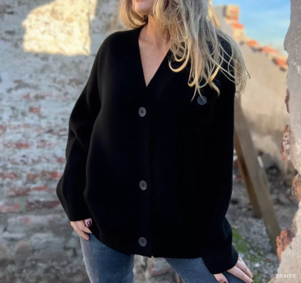 V-Neck Button-Up Oversized Sweater Cardigan OutfitFlow