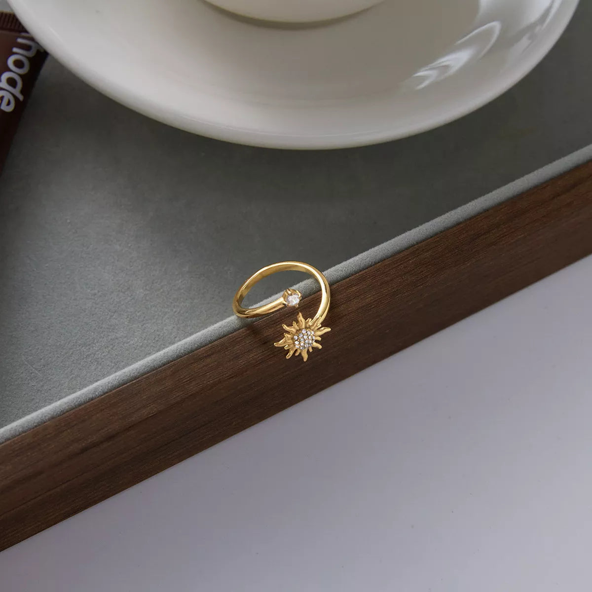 18K Gold-Plated Zircon Sun Bypass Ring OutfitFlow