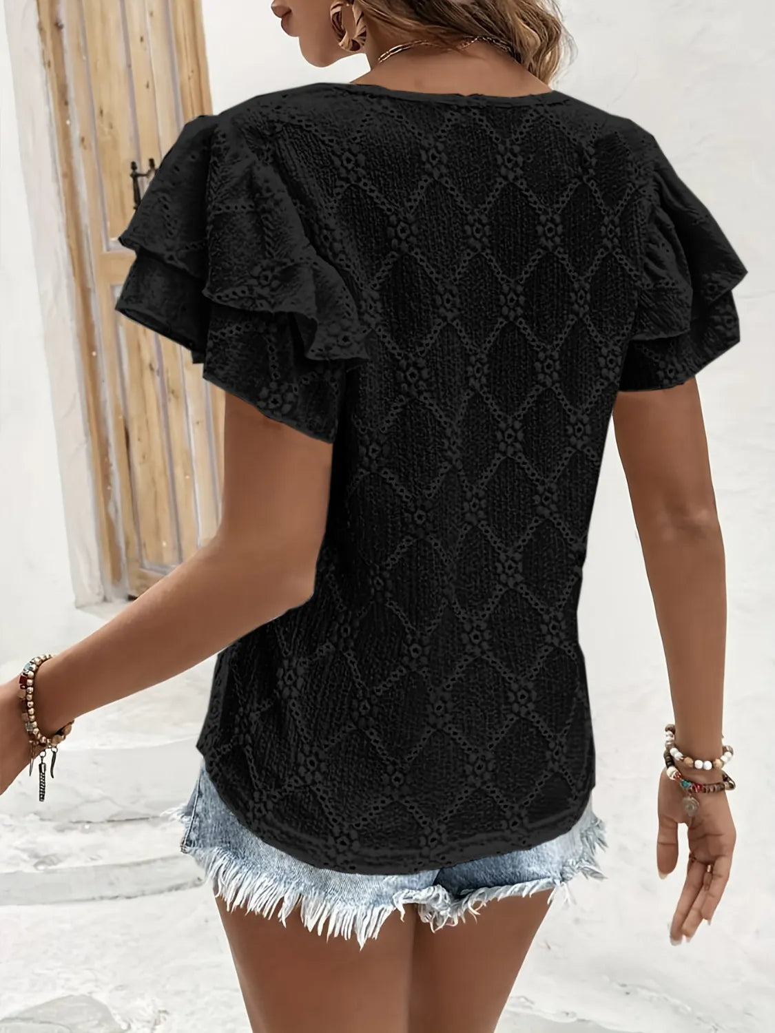 Eyelet V-Neck Short Sleeve Blouse OutfitFlow