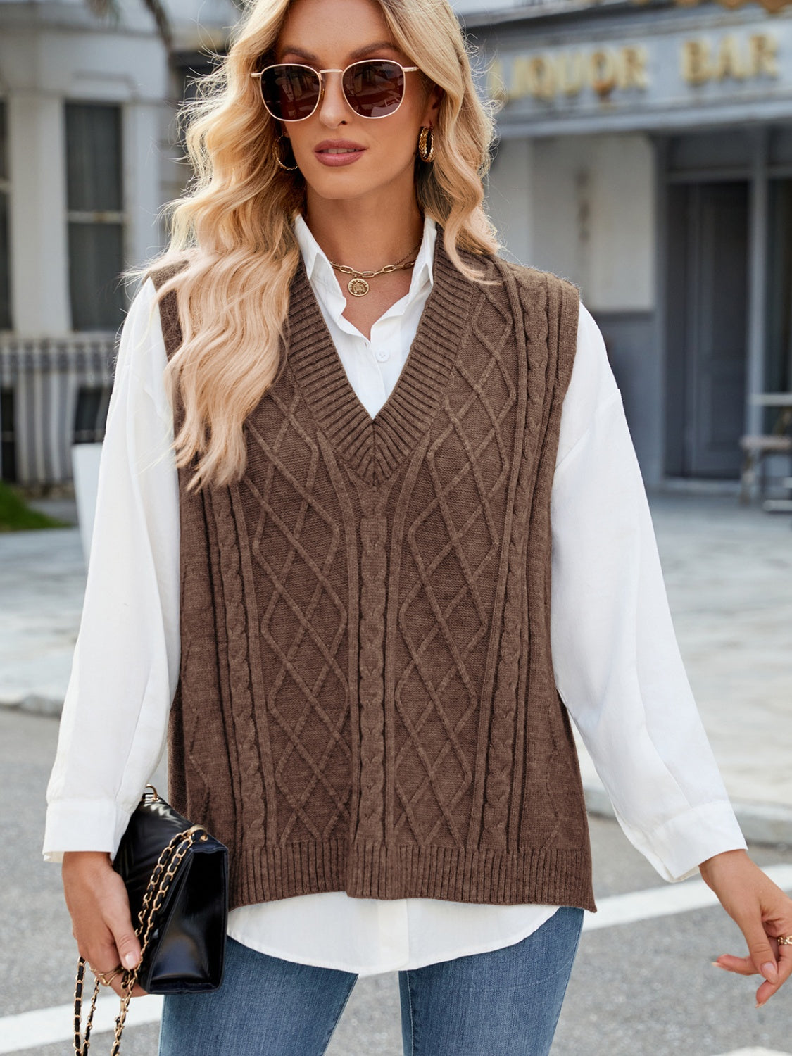 Outfit Flow - Cable Knit V-Neck Sweater Vest