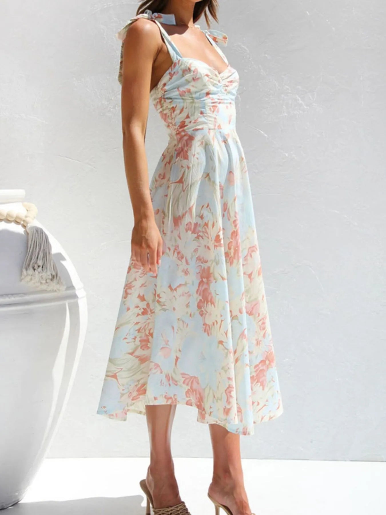 Tie-Shoulder Sweetheart Neck Summer Dress OutfitFlow