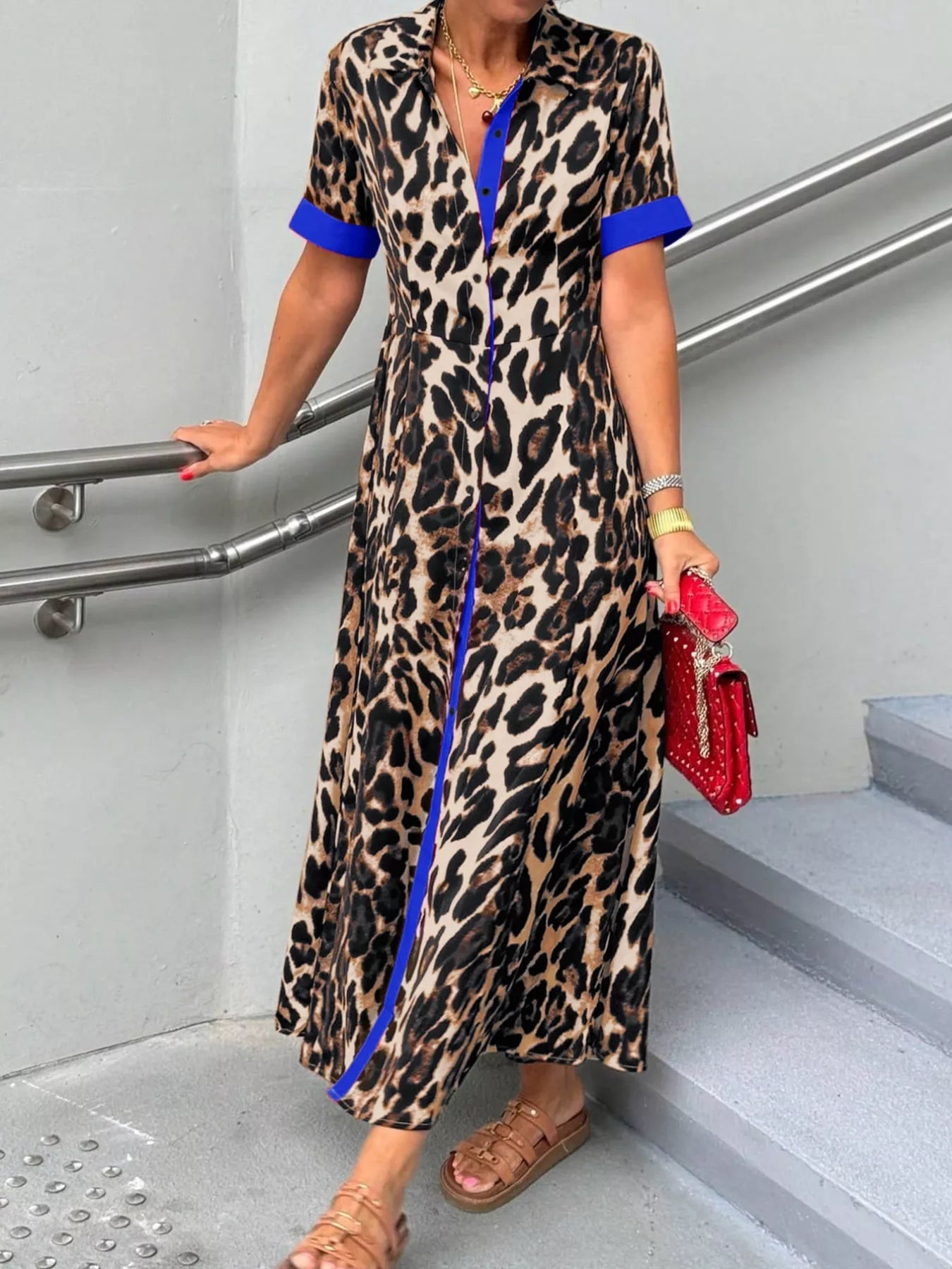 Leopard Print Button-Down Dress with Contrast Trim Royal Blue OutfitFlow