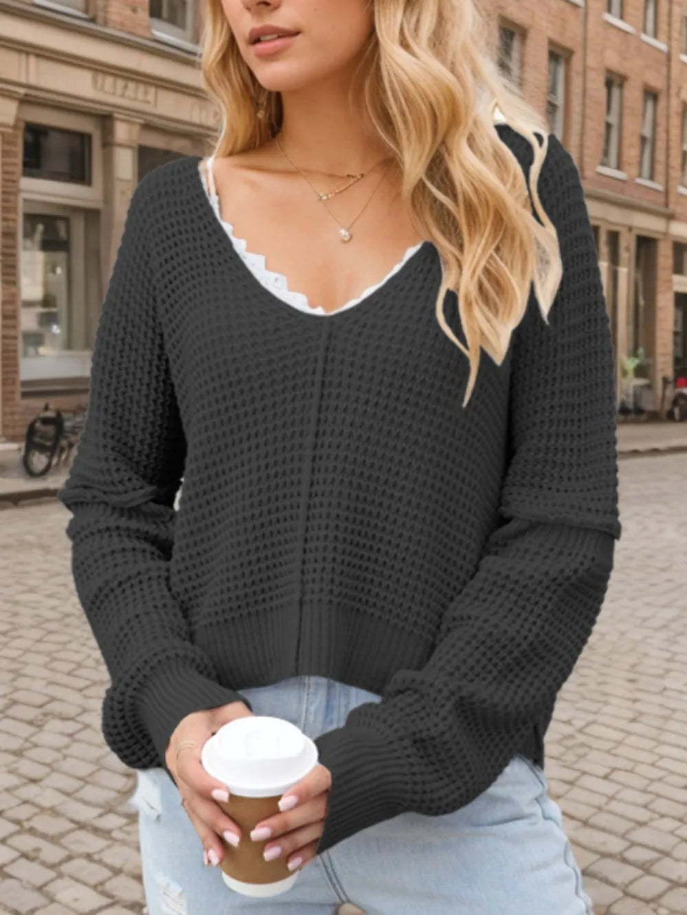 V-Neck Long Sleeve Sweater Black OutfitFlow