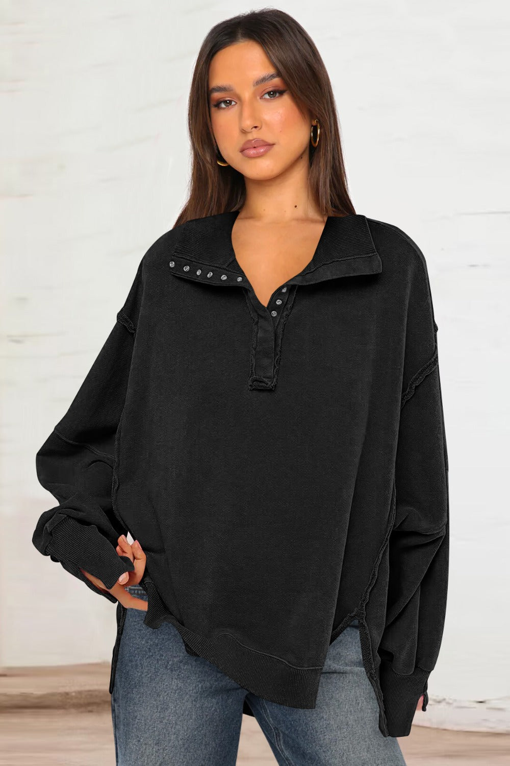 Outfit Flow - Exposed Seam Side Slit Long Sleeve Sweatshirt