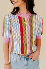 Color Block Short Sleeve Striped Crochet Knit Top OutfitFlow