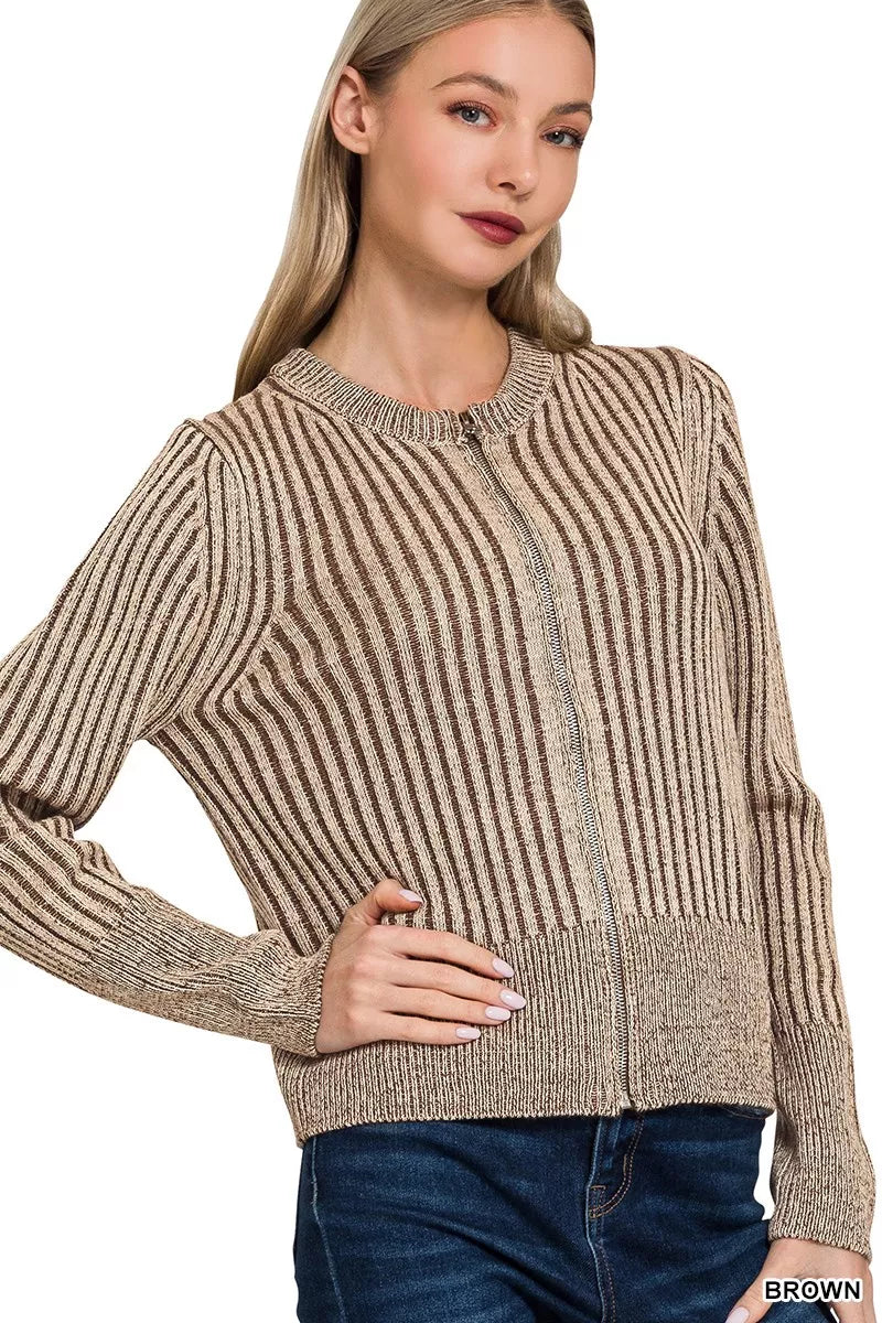 Zenana Ribbed Two Tone Zip Up Sweater Cardigan BROWN Trendsi