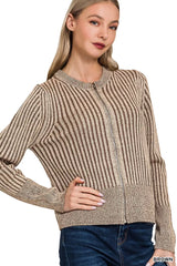 Zenana Ribbed Two Tone Zip Up Sweater Cardigan BROWN Trendsi