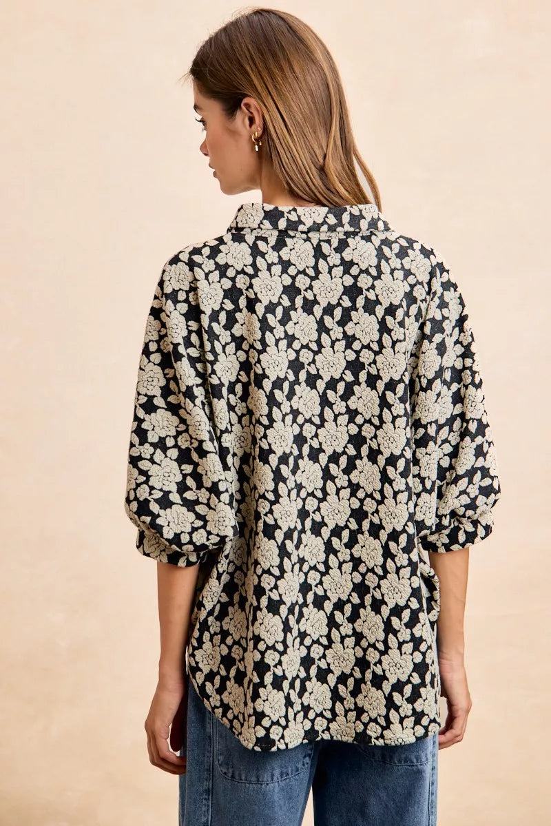 BiBi Floral Jacquard Short Dolman Sleeves Shirt OutfitFlow