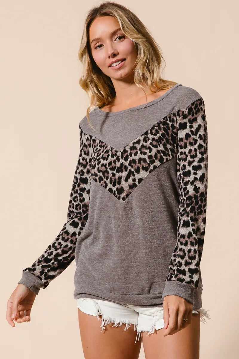 BiBi Sweater Knit Top With Leopard V Shape Block Trendsi