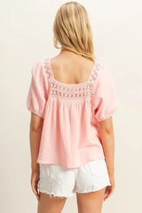 HYFVE Crochet Detail Puff Sleeve Peasant Top OutfitFlow