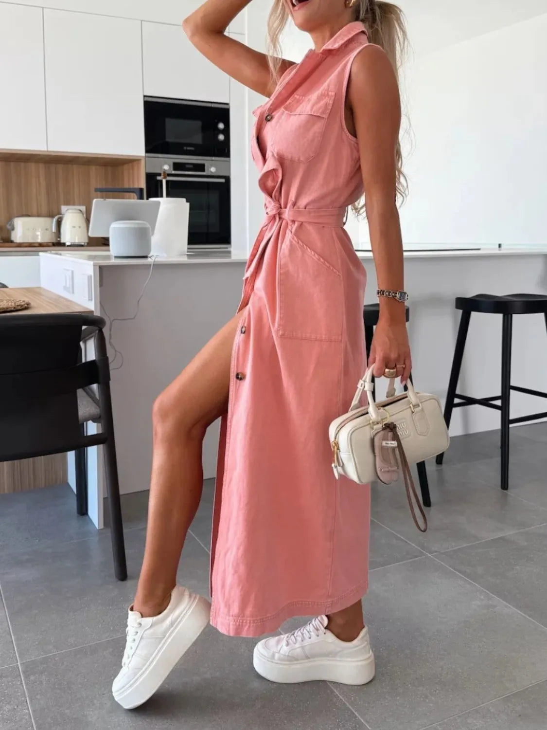 Button Front Sleeveless Denim Dress OutfitFlow