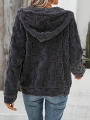 Outfit Flow - Checkered Texture Zip Up Drawstring Fuzzy Jacket