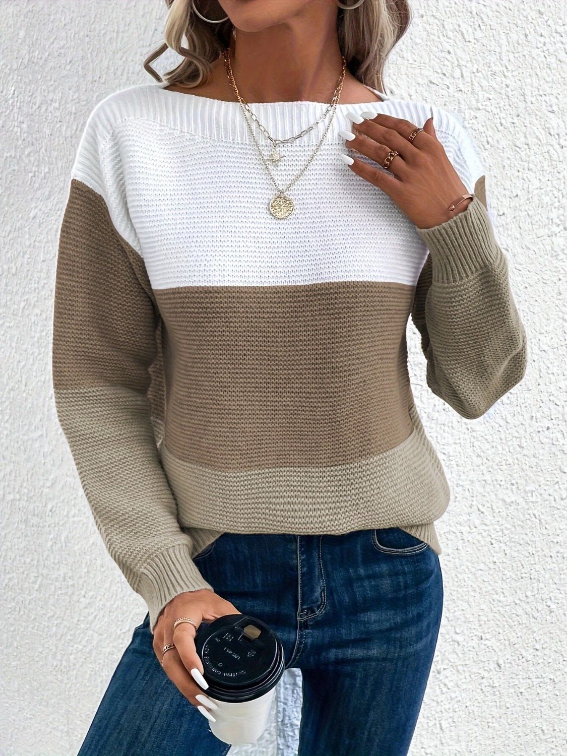 Outfit Flow - Color Block Boat Neck Sweater