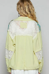 POL Printed Woven Mix Raw Hem Jacket with Lace Detail OutfitFlow