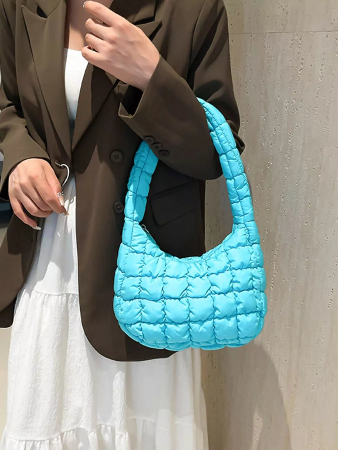 Quilted Ruched Shoulder Bag Blue onesize OutfitFlow
