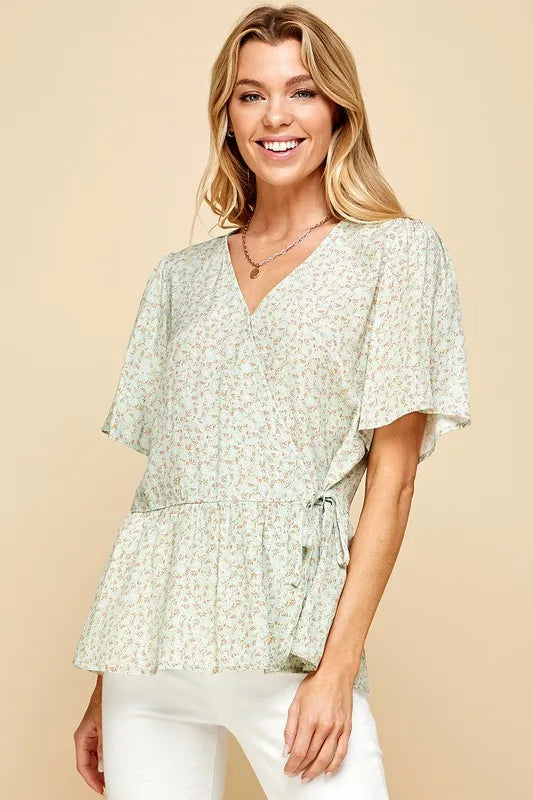 Lime 'N' Chili Ditsy Print V-Neck Short Sleeve Wrap Blouse OutfitFlow
