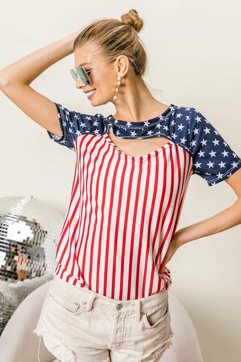 BiBi American Flag Theme Front Cut Out Top OutfitFlow