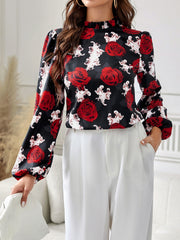 Outfit Flow - Frill Floral Mock Neck Long Sleeve Top